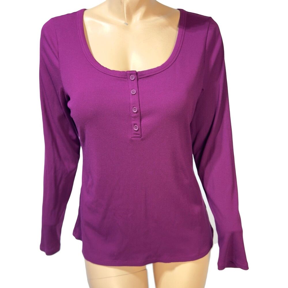 Athleta Women’s Signature Rib Henley Top Size XL Long Sleeve Pink Purple